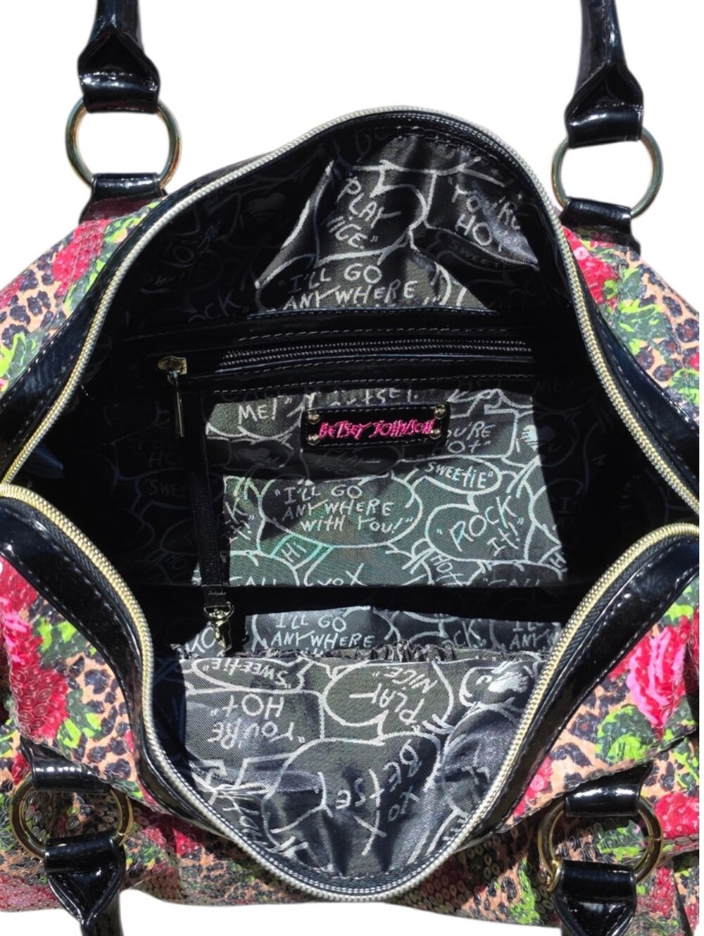 Betsey Johnson Y2K Sequin Leopard Rose Satchel Shoulder Bag Patent Purse - Picture 8 of 15